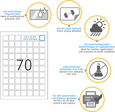 HERMA 8339 Wetterfeste Folienetiketten, 25 Blatt, 24 x 24 mm, 70 Stück pro A4 Bogen, 1750 Aufkleber,