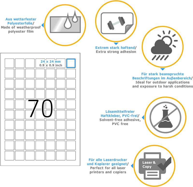 HERMA 8339 Wetterfeste Folienetiketten, 25 Blatt, 24 x 24 mm, 70 Stück pro A4 Bogen, 1750 Aufkleber,