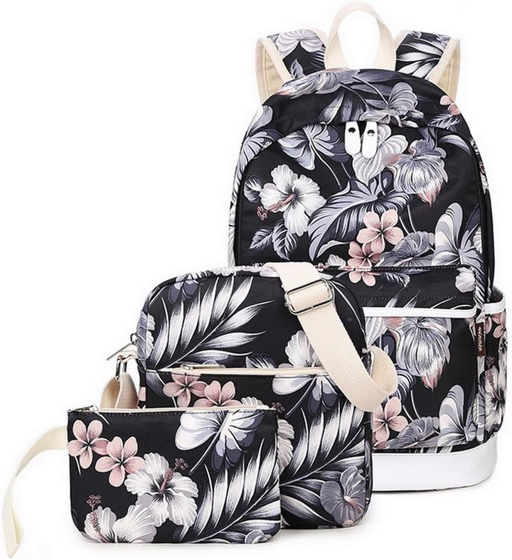 Acmebon Modischer Schulrucksack für Mädchen Laptop-Rucksack-Set 3-teilig für Frauen Blumen, Blumen