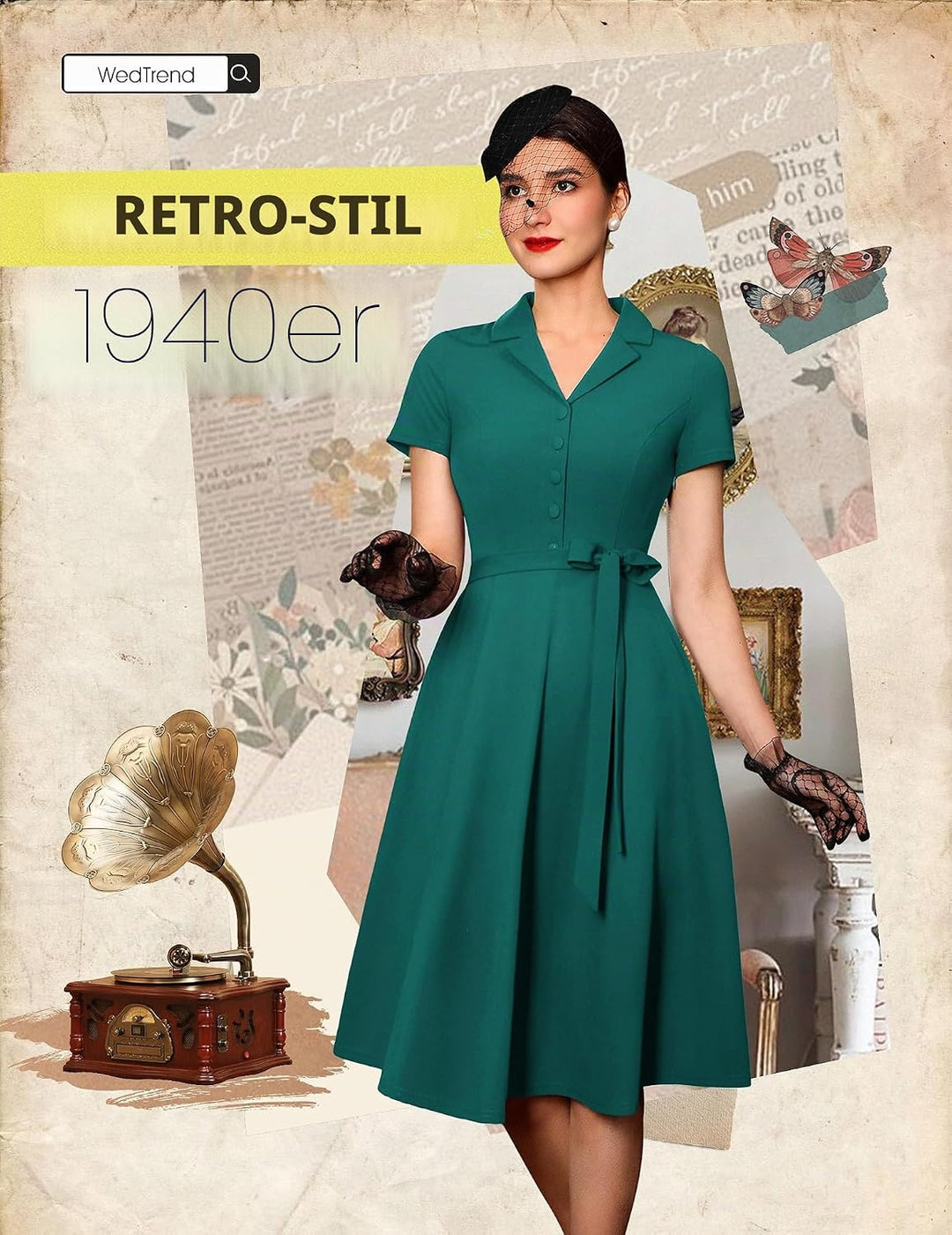 Wedtrend Vintage Cocktailkleid Damen A Linie Midilang V-Ausschnitt Abendkleid Elegant Freizeitkleide