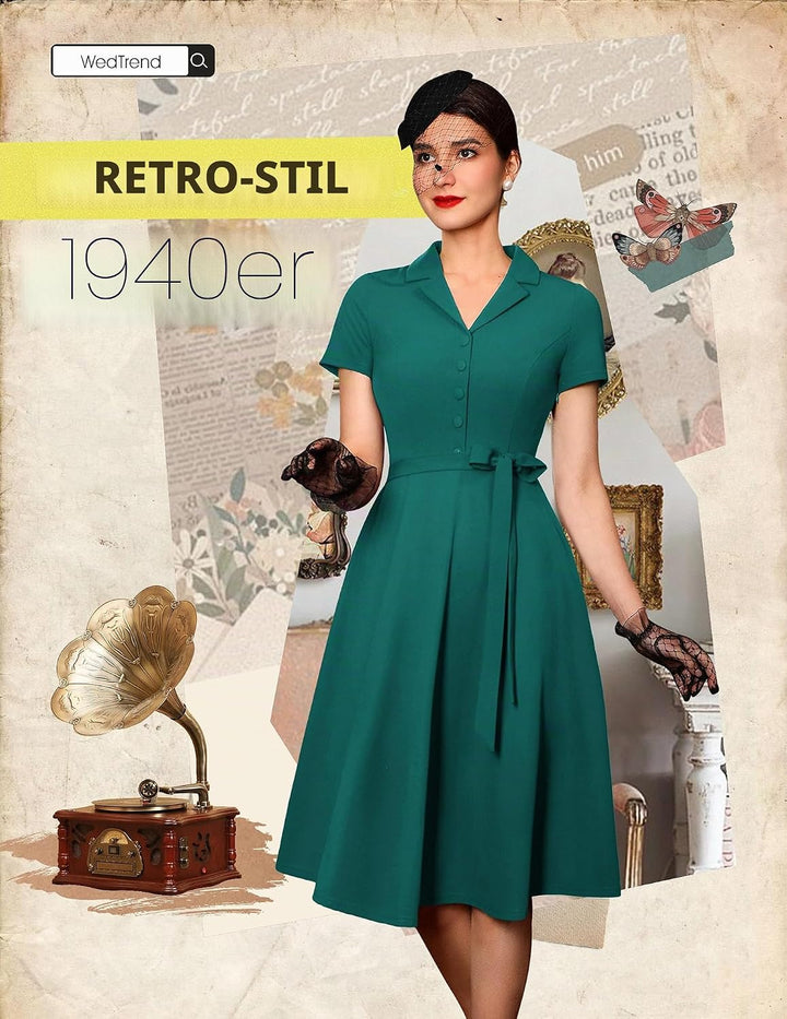 Wedtrend Vintage Cocktailkleid Damen A Linie Midilang V-Ausschnitt Abendkleid Elegant Freizeitkleide
