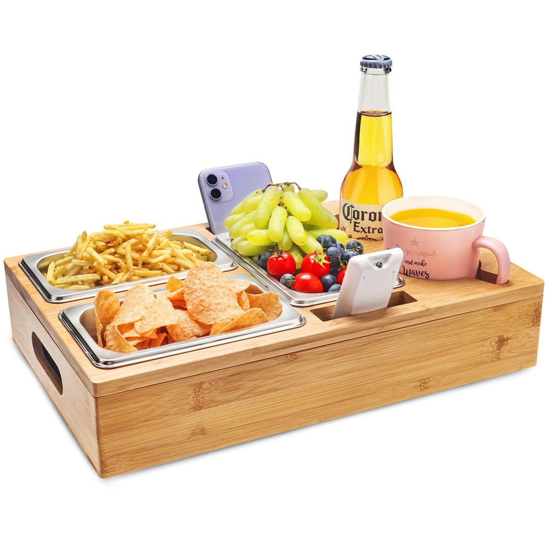 Couchbar Snackbox, Snackspender mit 3X Snackschalen, Abnehmbarer Deckel, Sofatablett aus Holz, Couch