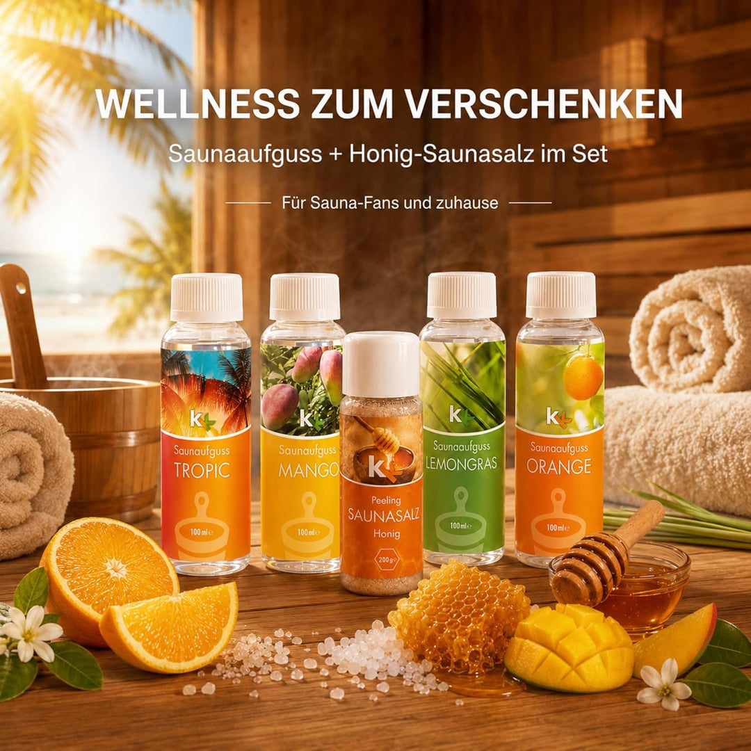 KK Sauna -Set mit Salz Peeling | KK Saunaaufgussset"Karibik" 4 x 100 ml + 200 g KK Saunasalz"Honig"