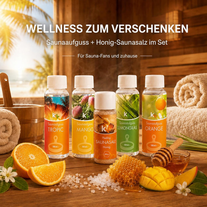 KK Sauna -Set mit Salz Peeling | KK Saunaaufgussset"Karibik" 4 x 100 ml + 200 g KK Saunasalz"Honig"