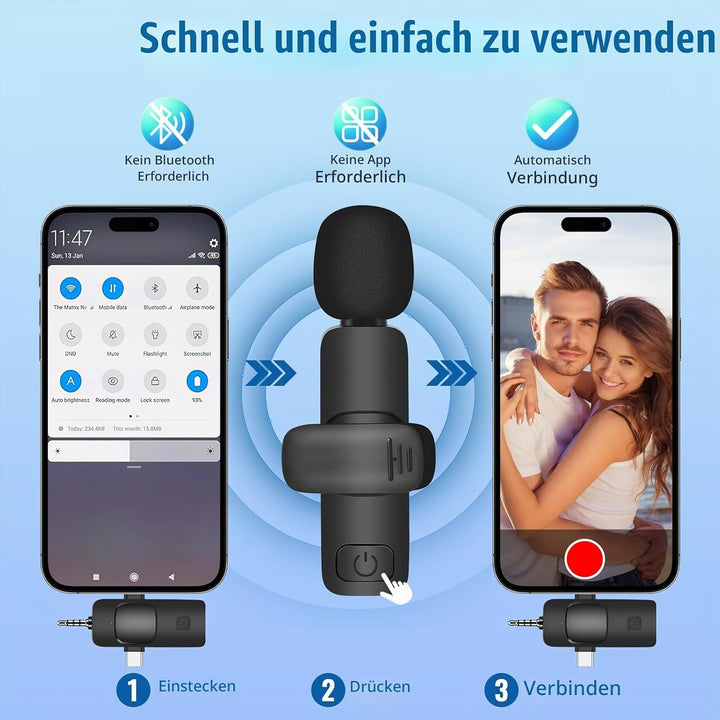 4 in 1 Lavalier Mikrofon Kabellos, Mikrofon Handy für iPhone/Android/Laptop, Mini Ansteckmikrofon fü