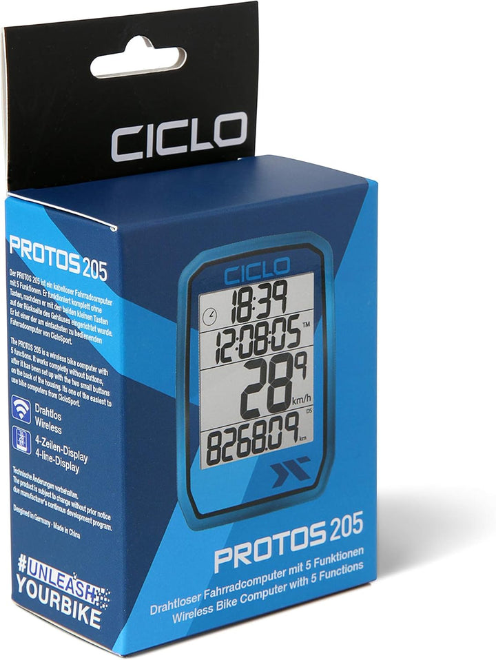 CICLO PROTOS 205 drahtloser Fahrradcomputer, mit 5 automatischen Funktionen in blau, in blau