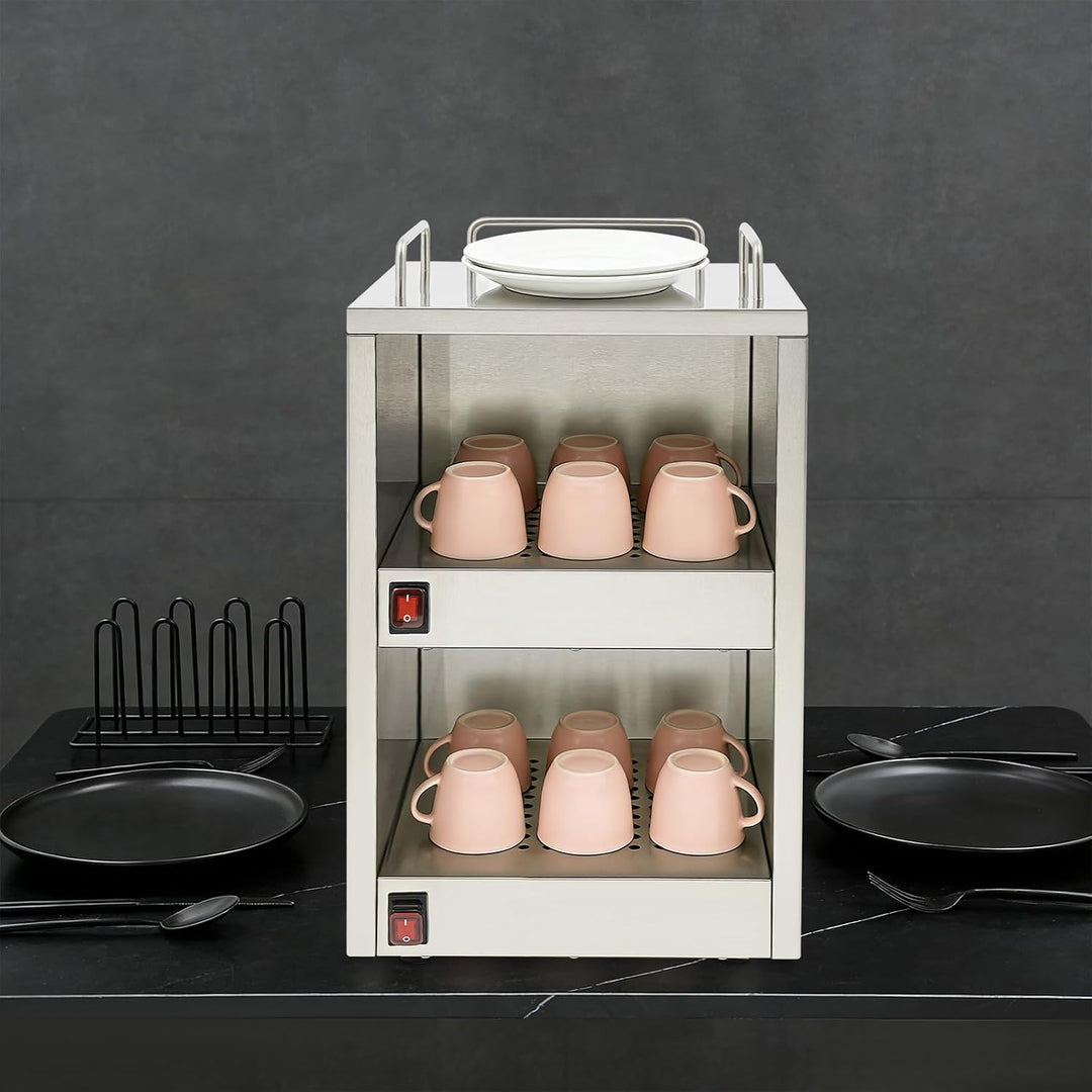 Becherwärmer Schrank 140W 32x32x55cm Edelstahl Tassenwärmer Doppelfach Heizschrank für Zuhause Cafe