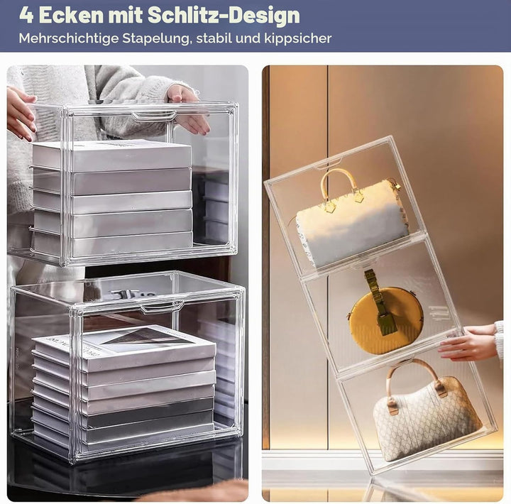 Schuhboxen Stapelbar Transparent 40x25x30 cm Acrylbox mit Magnetisch Tür Handtaschen Aufbewahrung Mu