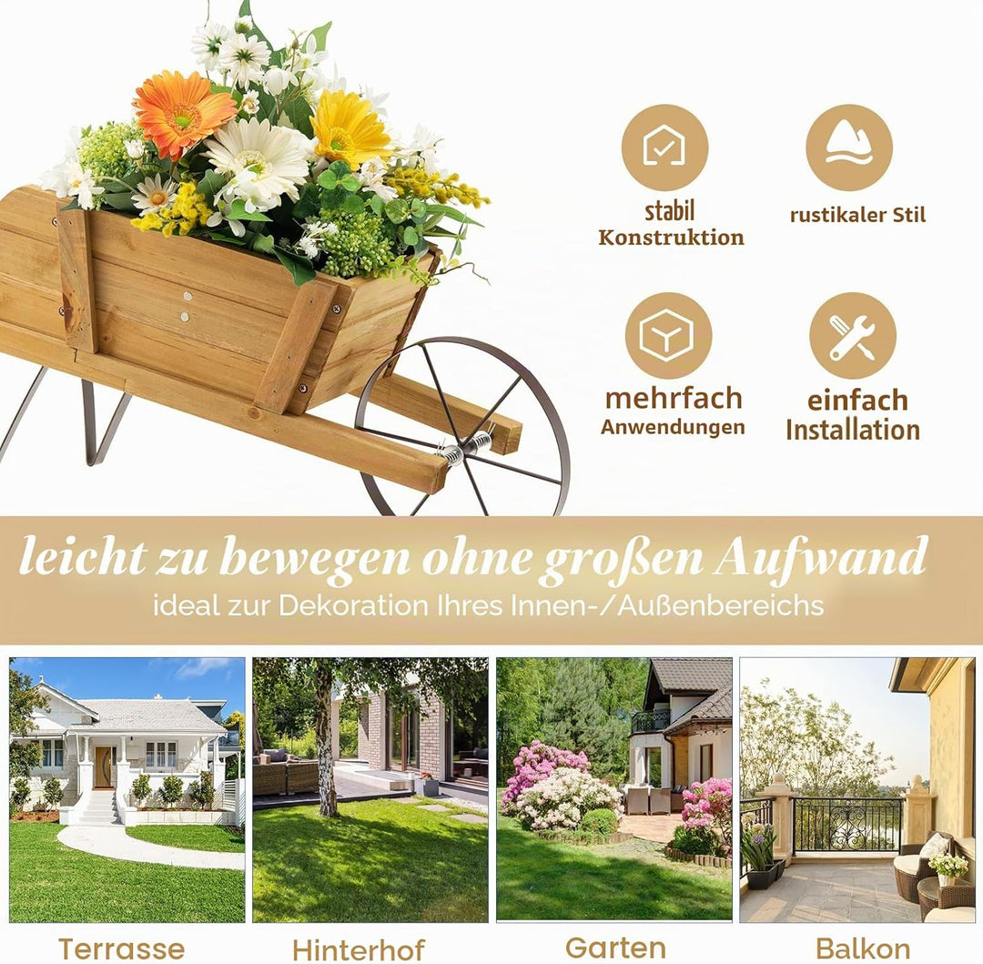 HOMASIS Blumenwagen Pflanzwagen mit 2 Griffen & Metallrad, Blumenkarre Holz, Blumentopf mit 9 magnet
