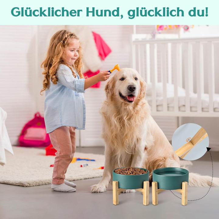 SPUNKYJUNKY Hundenapf Keramik Erhöhter Futternapf Set mit Bambus Ständer für Katzen und Hunde (1800m