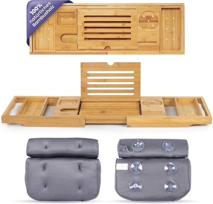 Badewannen-Set: Luxus Bambus Badewannenablage &amp; Ergonomisches Badewannenkissen - Weinglashalter, Tab