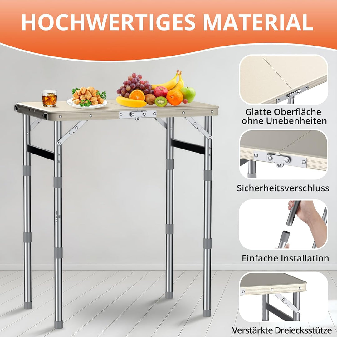 FUNYKICH Campingtisch Klappbar 58x40cm, Höhenverstellbar 26/48/70cm Weiss | Wasserdichter Kunststoff