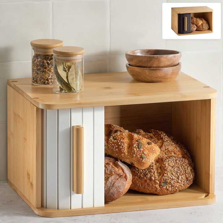 Praknu Brotkasten klein aus FSC® Holz mit Schiebetür - Brotaufbewahrung 33x23cm - Platzsparend und s