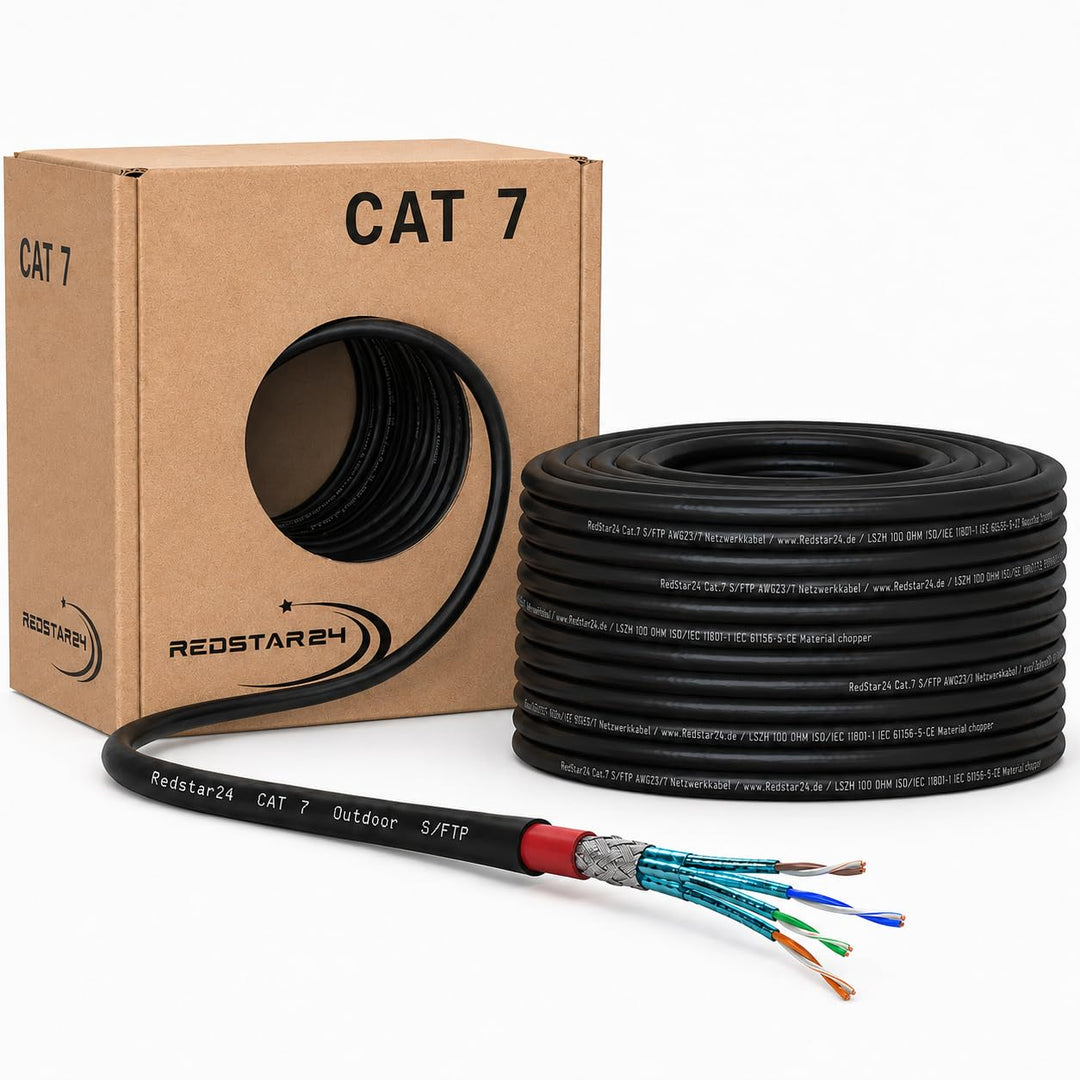 RedStar24 Cat7 Erdkabel 50m Outdoor LAN Kabel S/FTP AWG23/1 UV-beständig | PE Doppelmantel, PoE, dir