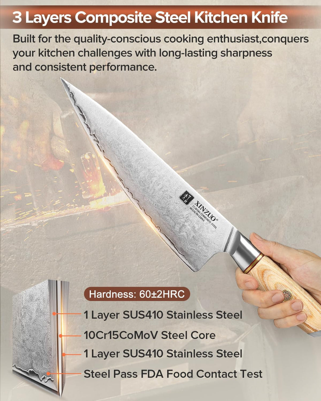 XINZUO 21.2cm Kochmesser Verbundstahl 10Cr15CoMoV, Profi Chefmesser Edelstahl Küchenmesser 3 Schicht