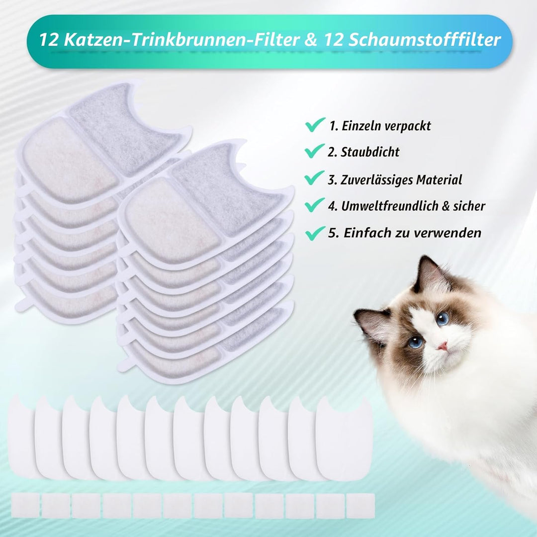 12 Stück Katzenbrunnen Filter, 12 Filter für Katzenbrunnen und 24 Schaumstofffilter mit Aktivkohle N