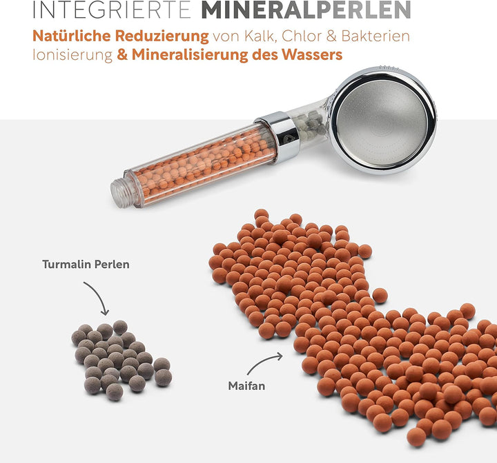 Premium Duschkopf mit Mineralsteinen von happydrop - Die wassersparende Handbrause druckerhöhend mit