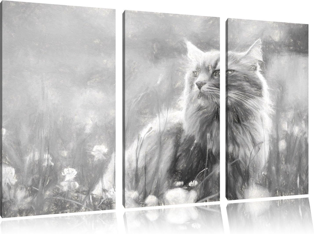 Pixxprint Katze in der Wildnis Kunst Kohle Effekt 3-Teiler Leinwandbild 120x80 Bild auf Leinwand, ri