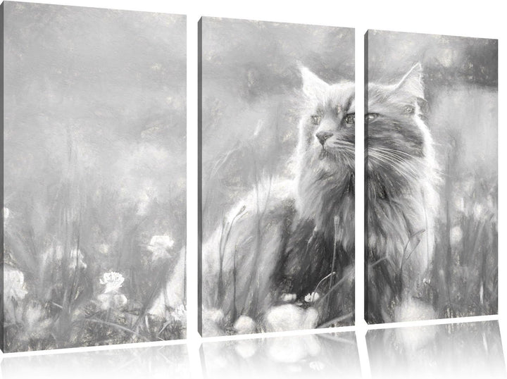 Pixxprint Katze in der Wildnis Kunst Kohle Effekt 3-Teiler Leinwandbild 120x80 Bild auf Leinwand, ri