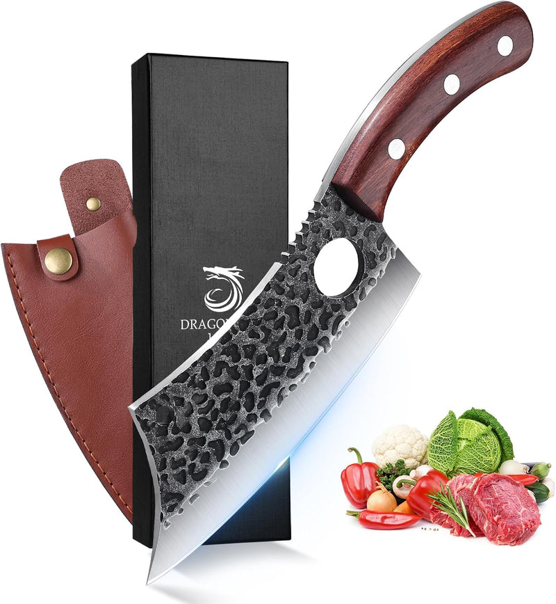 DRAGON RIOT Hackmesser Japanisch, Wikinger Messer mit Holzgriff, Fleischermesser Profi Hackbeil für