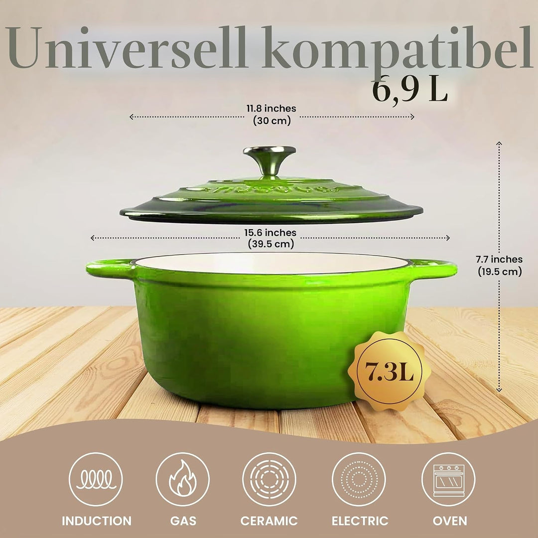 Gusseisen-Schmortopf mit Deckel – Emaille-Topf mit Antihaft, Ofenfest – Grün, 6.9 Liter, 30 cm – von