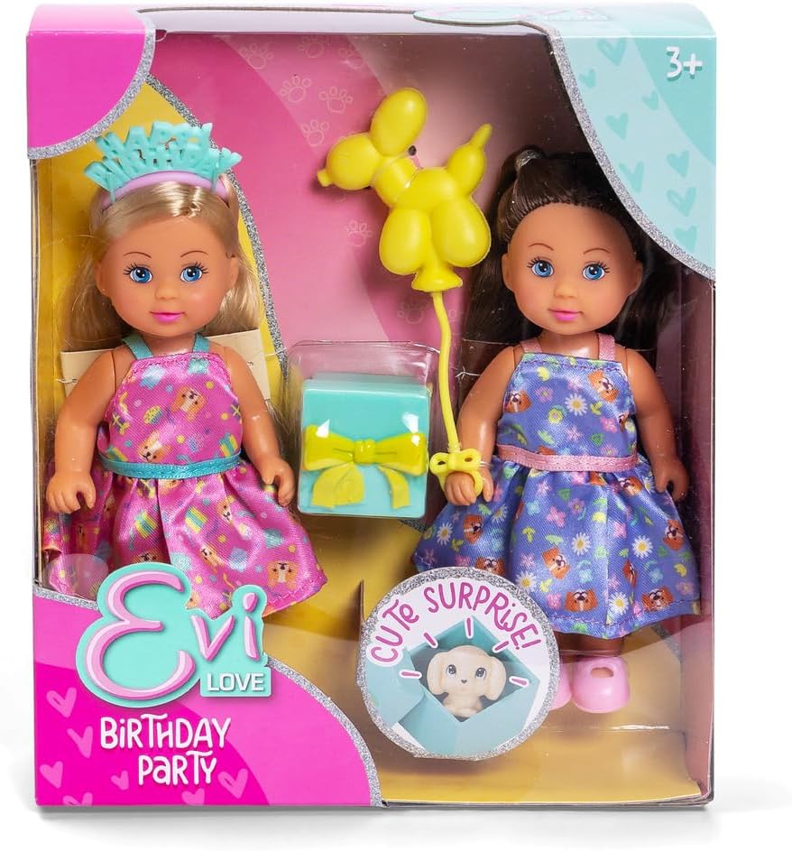 Simba Evi Love Birthday Party – Zwei Evi Puppen im Geburtstagskleid mit Haarreif, Ballon & Geschenkb