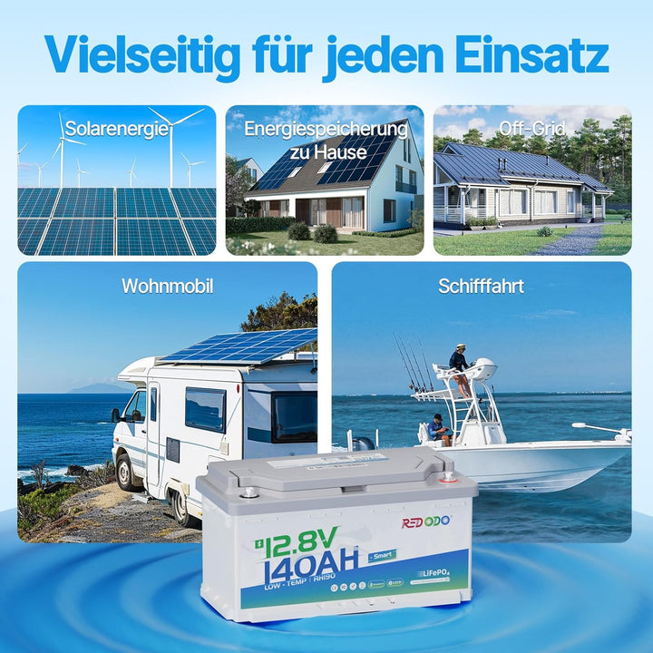 Redodo 12V 140Ah H190 Bluetooth LiFePO4 Batterie mit 189mm Höhe, 1792Wh Tiefzyklus Lithium Batterie