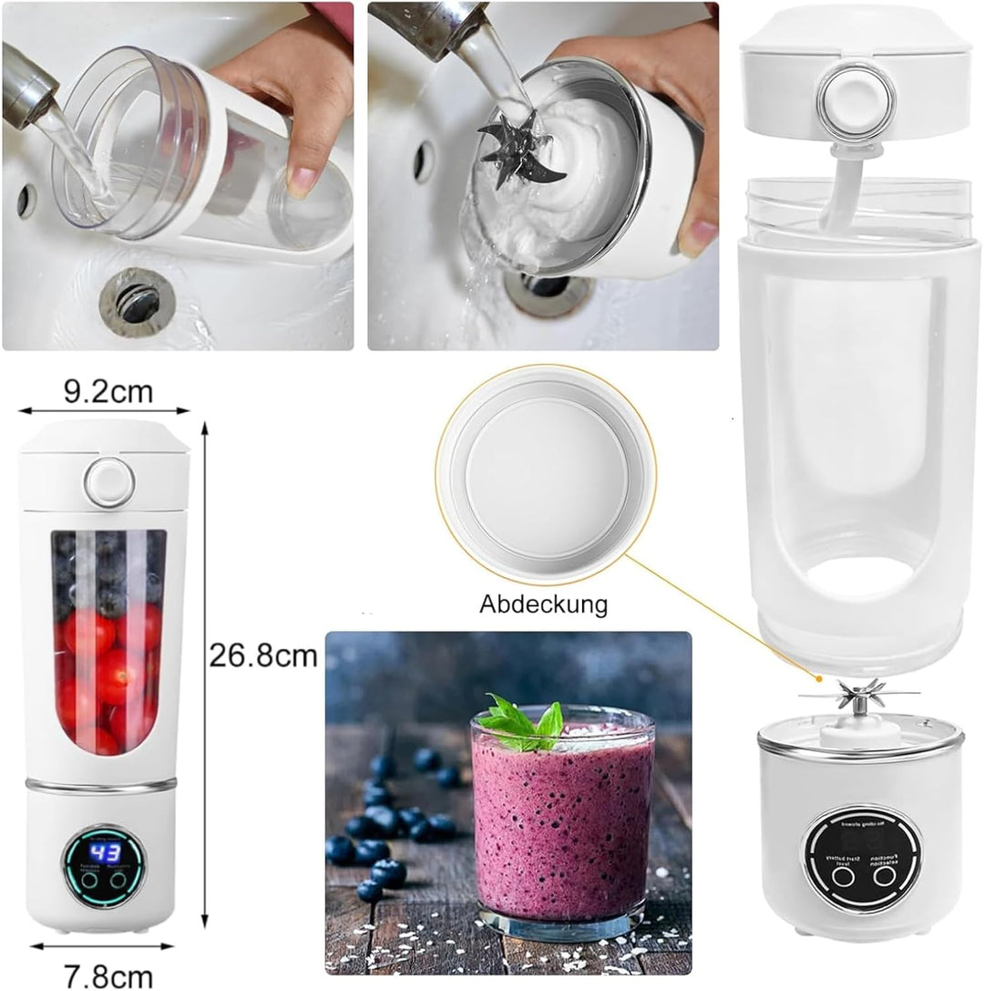 Kompakter USB-Reiseblender mit 700ml Fassung, 12 Edelstahlklingen und Digitalanzeige. Perfekt für Sm