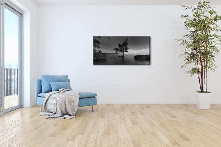 Abenddämmerung am Meer Panorama 80x40 cm Effekt: Schwarz/Weiss als Leinwandbild, Motiv fertig gerahm