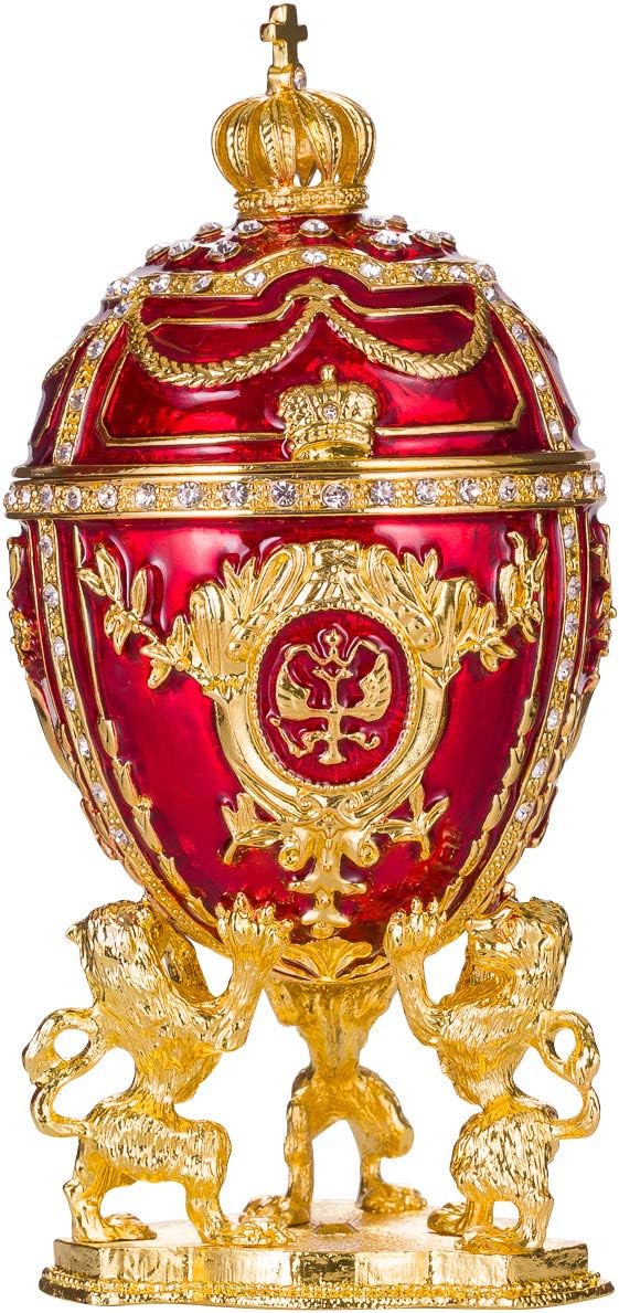 Fabergé-Stil Ei/Schmuckkästchen mit Löwen 15,5 cm rot