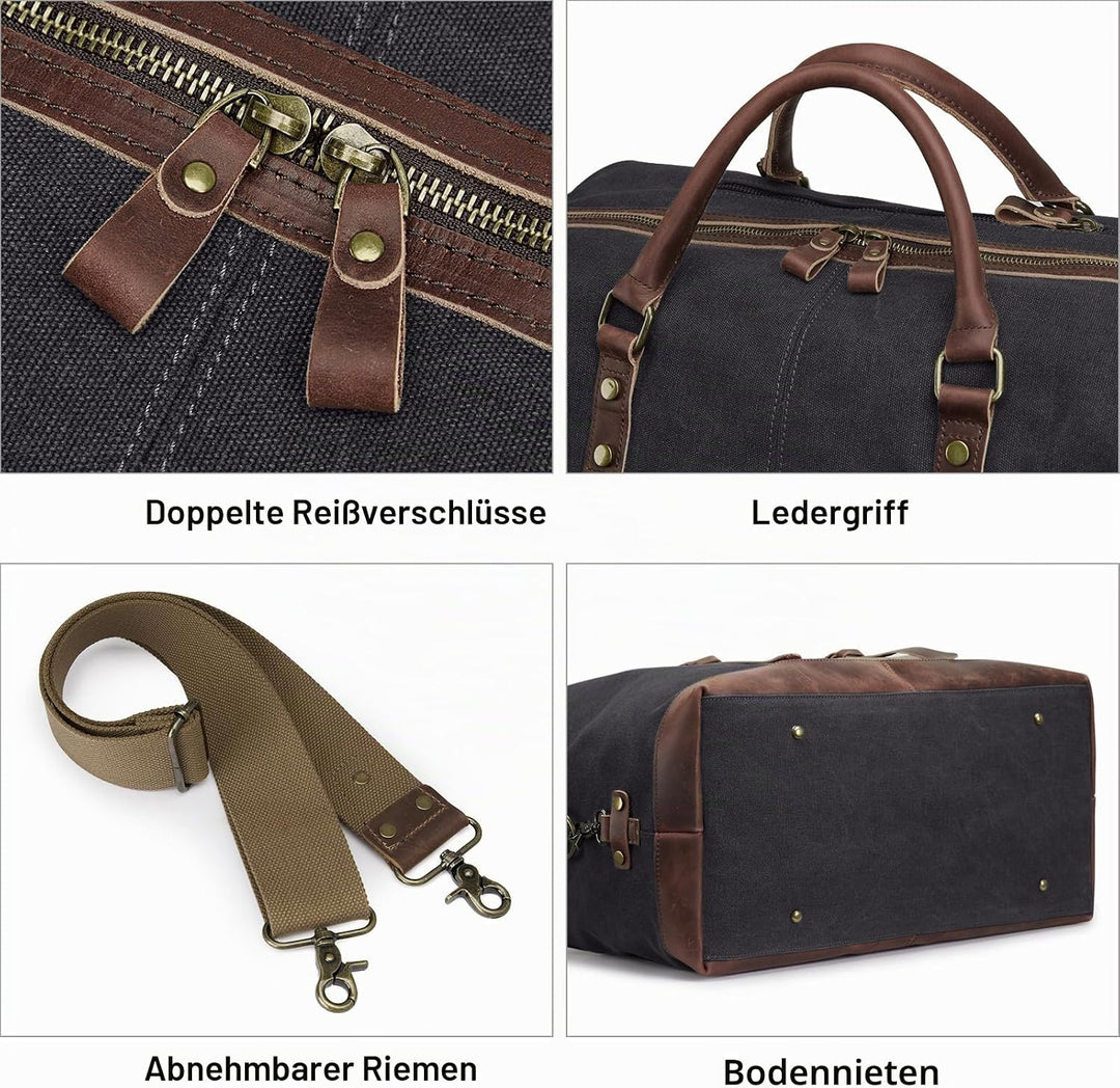 S-ZONE Reisetasche 60L Vintage Canvas Crazy Horse Leder Trim Unisex Handgepäck Weekender Tasche Spor