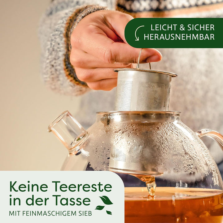 Cosumy Teekanne mit Sieb und Stövchen - 1,5 Liter - Hält lange warm - Spülmaschinenfest - Glas Teebe