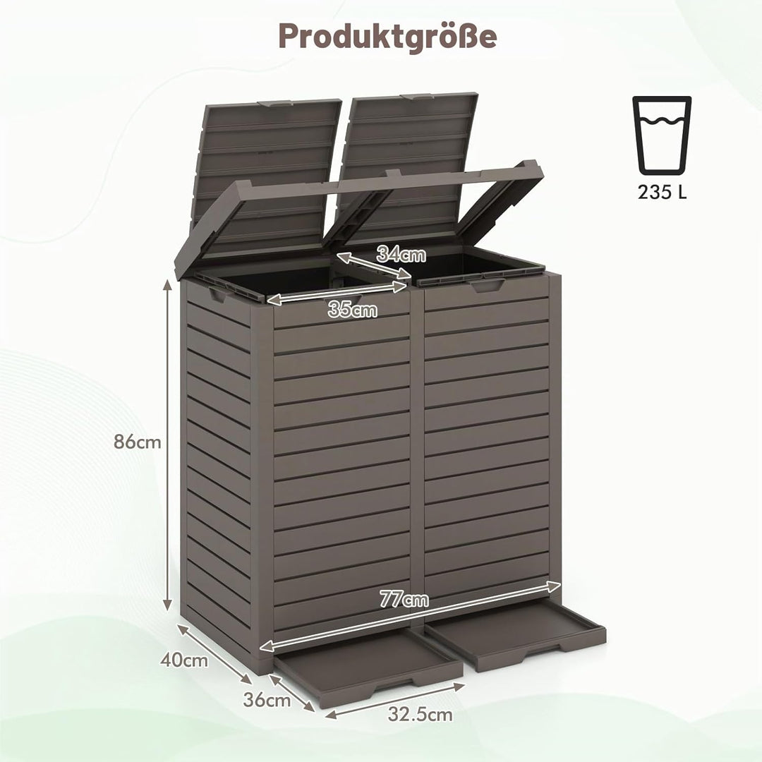 GIANTEX Mülleimer 2 Fächer Outdoor, 235 L, Abfalleimer mit Doppeldeckel & Griff, Mülltonne Abfallton