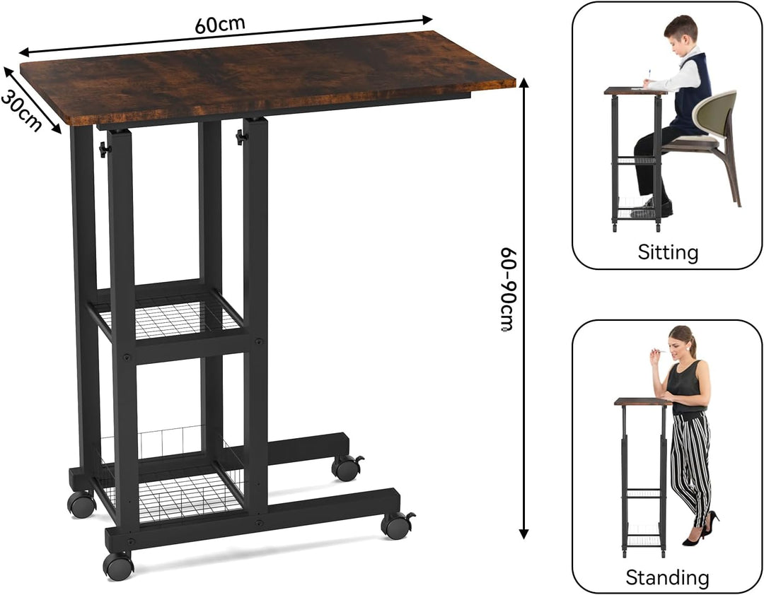 PIPIPOXER Beistelltisch mit Rollen, 60cm x 30 cm Sofatisch mit Rollen, Laptoptisch Höhenverstellbar