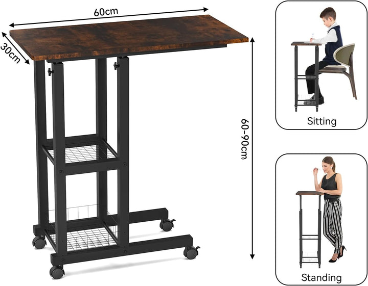 PIPIPOXER Beistelltisch mit Rollen, 60cm x 30 cm Sofatisch mit Rollen, Laptoptisch Höhenverstellbar