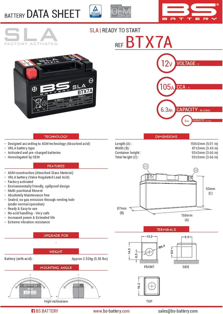 BS Battery 300672 BTX7A AGM SLA Motorrad Batterie, Schwarz