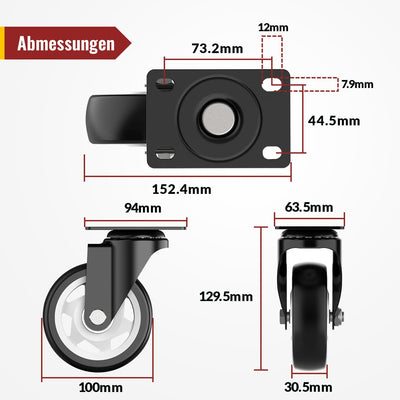 100mm Lenkrollen mit Sicherheitsbremse 4er Set Schwerlastrollen (2 mit Bremsen und 2 ohne) Möbelroll