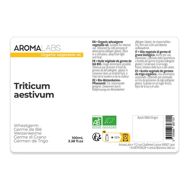 Bio - Pflanzliches Weizenkeimöl - 100mL - 100% Rein, Natürlich, Kaltgepresst und AB zertifiziert - A