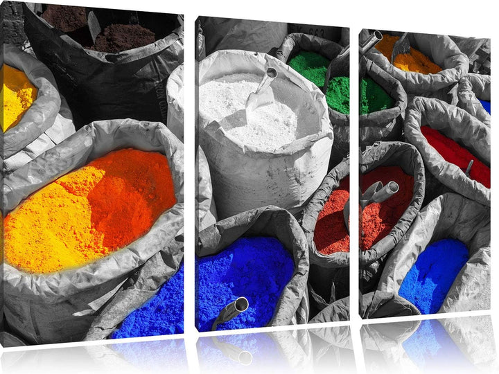 Bunte Farben für Holi Festival schwarz/weiss 3-Teiler Leinwandbild 120x80 Bild auf Leinwand, XXL rie