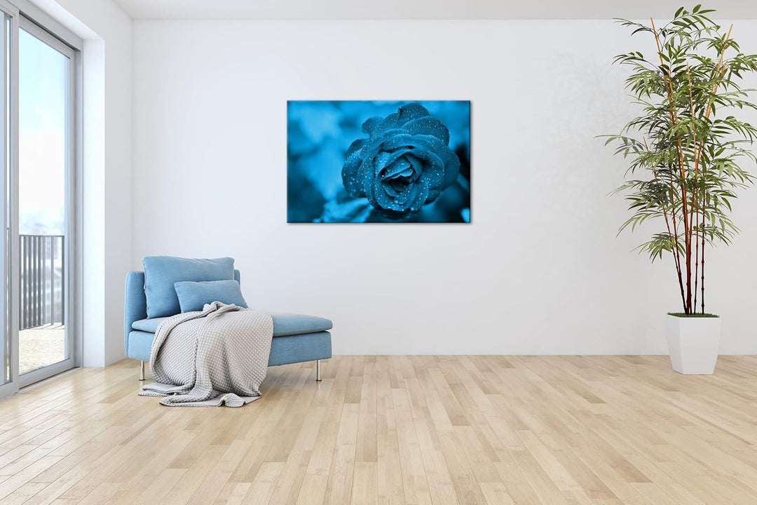 deyoli beeindruckende Blaue Rose Format 80x60 Effekt: Monocrome Blau als Leinwandbild, Motiv fertig