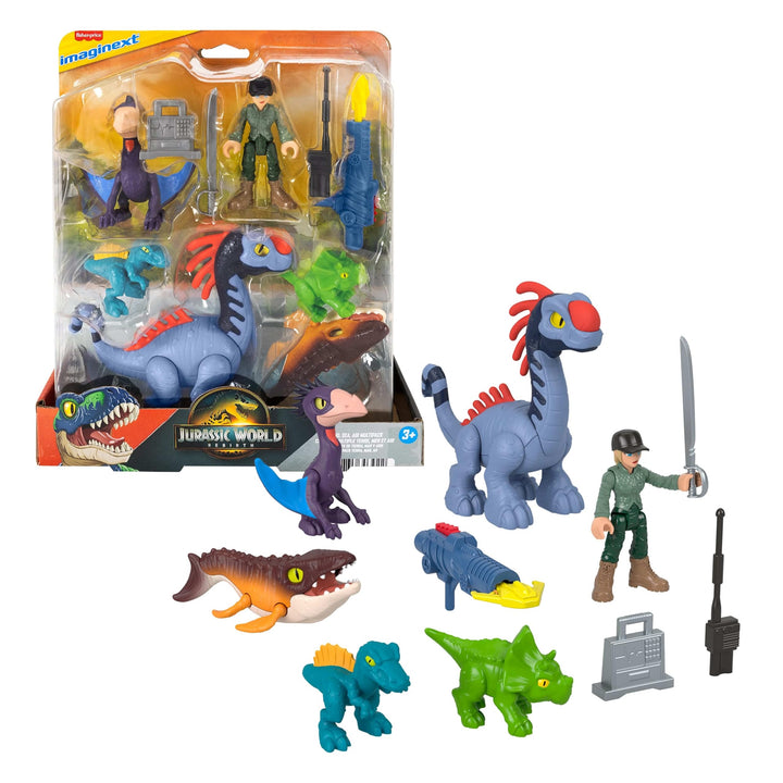 Fisher-Price Imaginext Jurassic World Die Wiedergeburt Set mit 7,6cm Mensch, 5 Dinosauriern, Launche