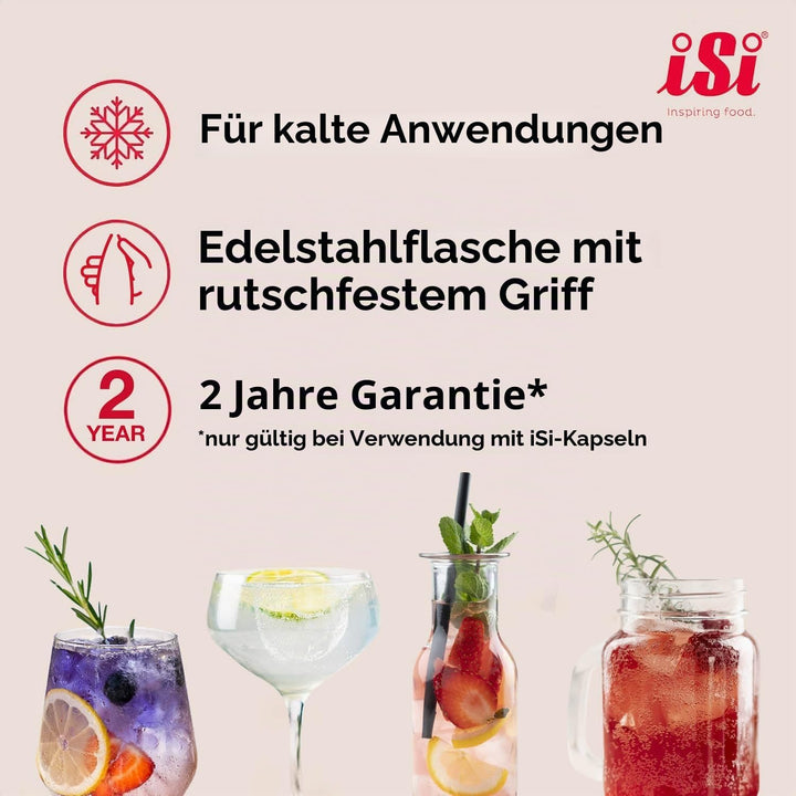 iSi Siphon, Wassersprudler für Sprudelwasser, Sprudler mit Edelstahl Flasche, Kohlensäure für Wasser