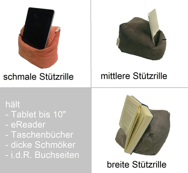 soft Buchkissen – frei formbarer Buchhalter für Bett - Handgefertigt aus Antirutsch Wildlederimitat