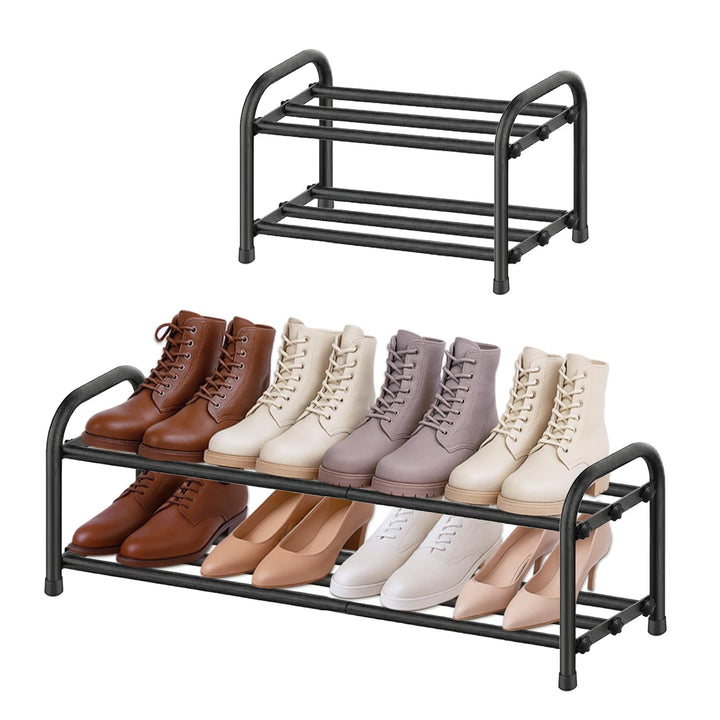 Schuhregal schmal klein ausziehbar 2 Ebenen, Schuhschrank schwarz Metall, Breite 43-78 cm, für Kleid