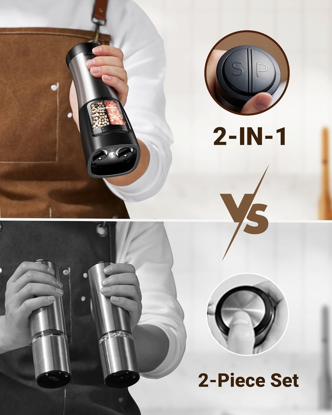 Sangcon 2 in 1 Salz und Pfeffermühle Elektrisch, Pfeffermühle USB-Aufladbarer，Automatische Einhandbe