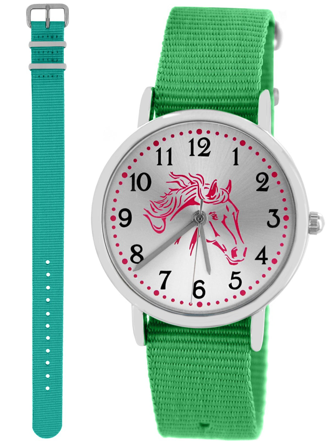Pacific Time Mädchen Armbanduhr Uhr Pferd Pferdemotiv analog Quarz 2 Textilarmband 10033 Türkis Grün