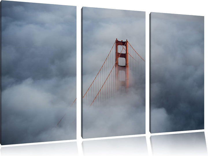 Pixxprint Golden Gate Bridge über den Wolken / 3-Teilig/Gesamtmass 120cm Leinwandbild bespannt auf H