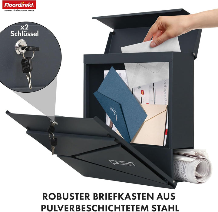 Floordirekt Moderner Briefkasten, mit Zeitungshalter, Deckel, abschliessbar mit C4-Einwurf und integ