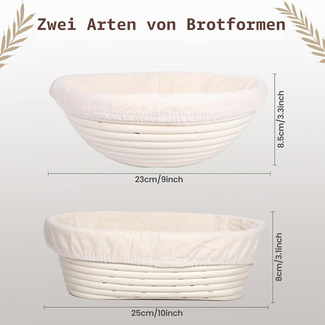 Gärkorb Brot Set, 10-teilig Sauerteig Starter Set, Gärkörbchen zum Brotbacken, 25cm Runde+23cm Ovale