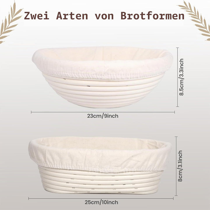 Gärkorb Brot Set, 10-teilig Sauerteig Starter Set, Gärkörbchen zum Brotbacken, 25cm Runde+23cm Ovale